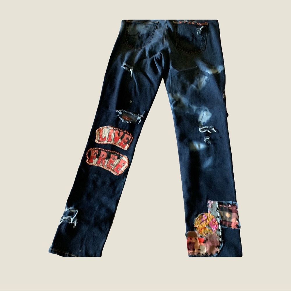 Upcycled Patchwork and Patched Embellished Dark Blue Cigarette Cut Denim Jeans - Picture 14 of 15